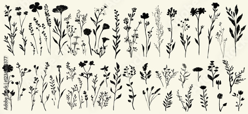 Grunge botanical clip art, abstract wild flowers and herbs, hand drawn meadow plants, black dried flowers, modern botanical silhouettes, artistic plant designs, wild flowers collection, dried botanica