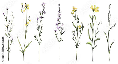 Wild flowers and herbaceous flowering plants, hand drawn botanical vector, blooming flowers, subshrubs on white background.