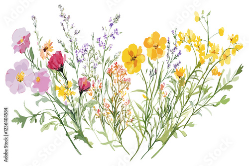 A beautifully detailed watercolor illustration of wildflowers framed by hand-drawn botanical elements, capturing the essence of nature in a delicate yet vibrant display that adds an artistic touch to 