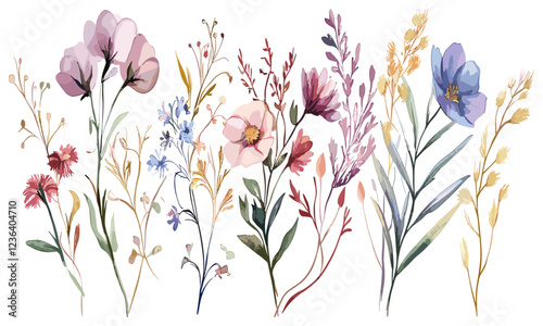 An exquisite watercolor illustration of wildflowers, elegantly framed with hand-drawn botanical accents that highlight the delicate beauty of nature’s blossoms and plants, adding a sophisticated artis