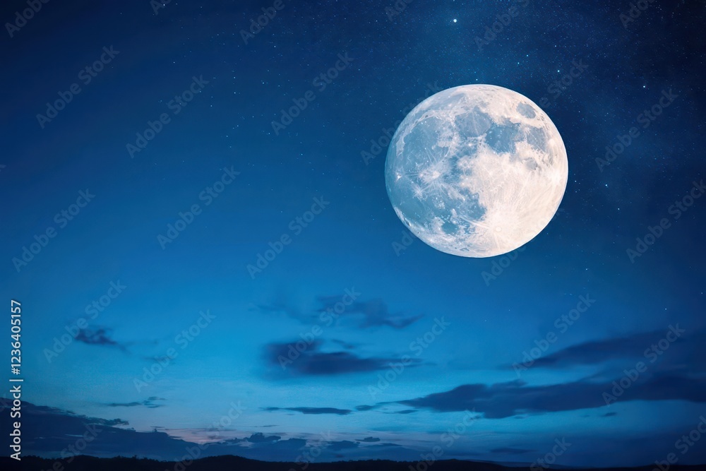 Fototapeta premium Majestic Full Moon Illuminates Clear Blue Sky Creating a Dreamy Atmosphere at Night Evoking Tranquility and Wonder in the Vast Expanse Above