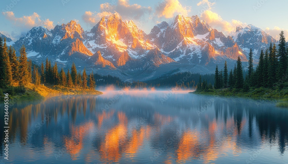 Fototapeta premium Majestic Sunrise Over Snowcapped Mountain Range Reflecting In Calm Lake