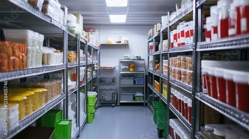 Organized restaurant storage room with various food supplies on shelves. Background shows clean, efficient space. Ideal for food service businesses