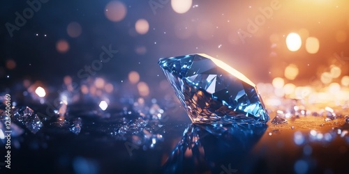 3D render of a shiny blue diamond on a dark background with bokeh lights. Concept for a luxury, rich, and expensive theme. Close-up view. Shiny sapphire or cobalt crystal gemstone .