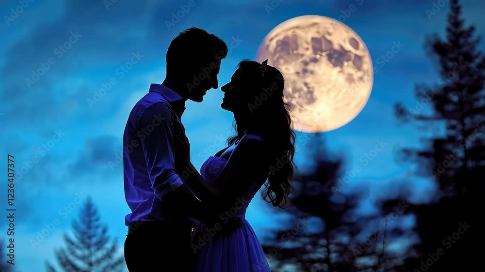 A couple embraces under a full moon, capturing a romantic night in ...