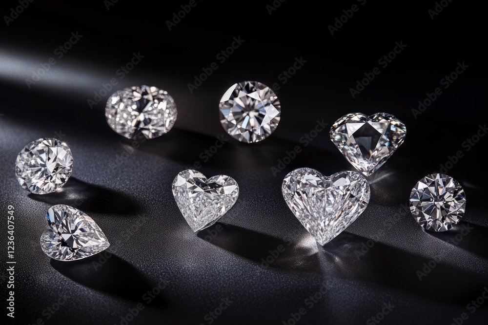 An array of diamonds with a dark background, showcasing their sparkling and reflective qualities, with some floating in the air and others lying on flat surfaces. An array of diamonds with a dark background, showcasing their sparkling and reflective qualities, with some floating in the air and others lying on flat surfaces.
