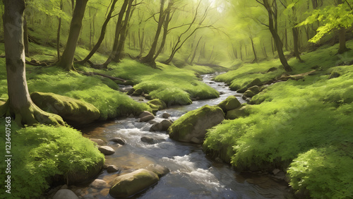Bright Sunlight Filtering Through Forest Canopy Onto Pristine Moss-Lined Stream
