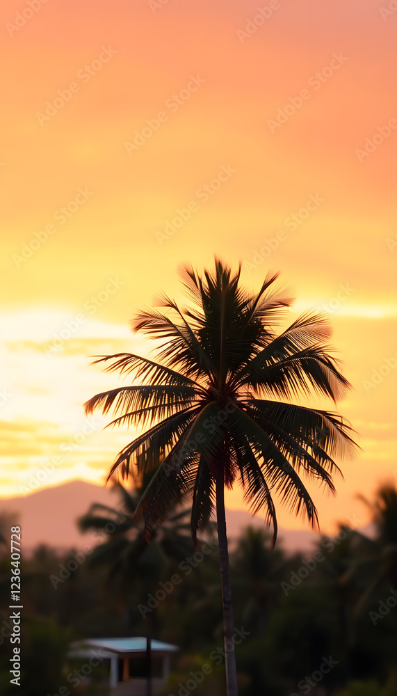 Blurred breathtaking sunset scenery. Coconut palm tree under orange  sky. Vintage background. Travel card. Wide banner, simple style. isolated with white shades