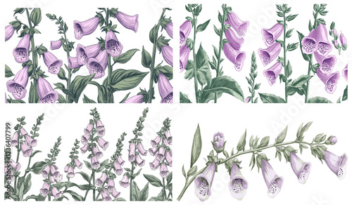 Soft purple flowers, dark green stems, beautifully detailed Foxglove engraving, 1810s sketch style, botanical art, vintage floral designs, antique illustration, nature-inspired decor.