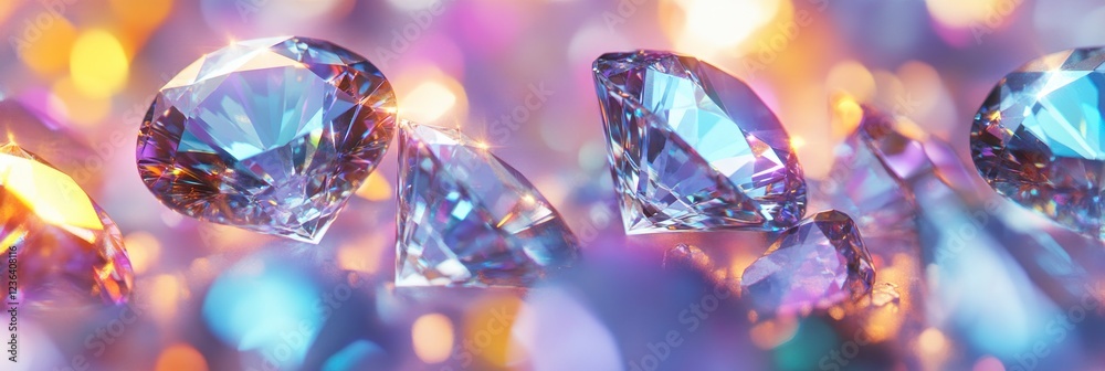 Beautiful, shiny diamond background with colorful lights. Luxury concept banner template design. Background with shining and glowing diamonds, 3D rendering illustration. Beautiful, shiny diamond background with colorful lights. Luxury concept banner template design. Background with shining and glowing diamonds, 3D rendering illustration.