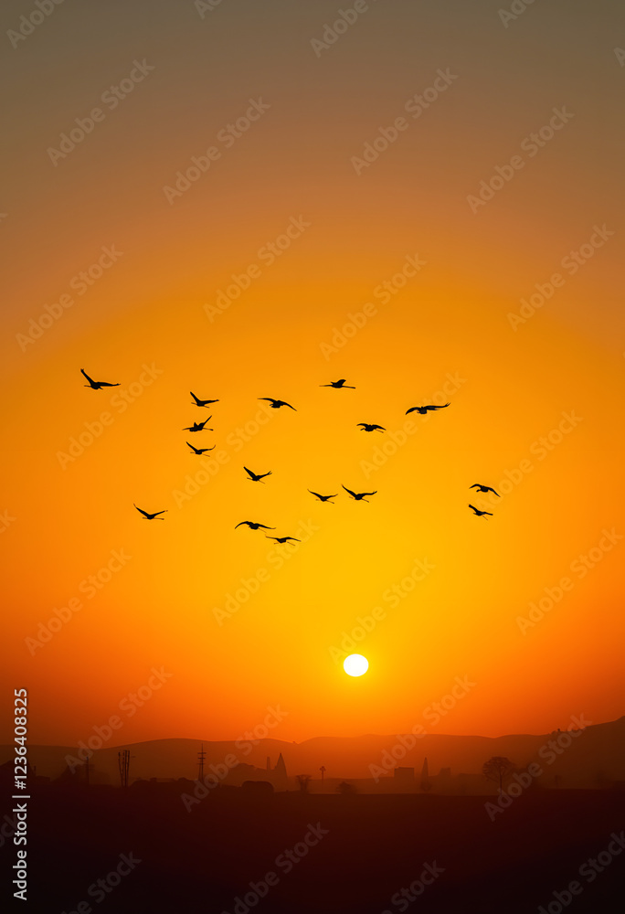 Fototapeta premium Birds Silhouetted Flying Across Warm Sunset Landscape with Copy Space