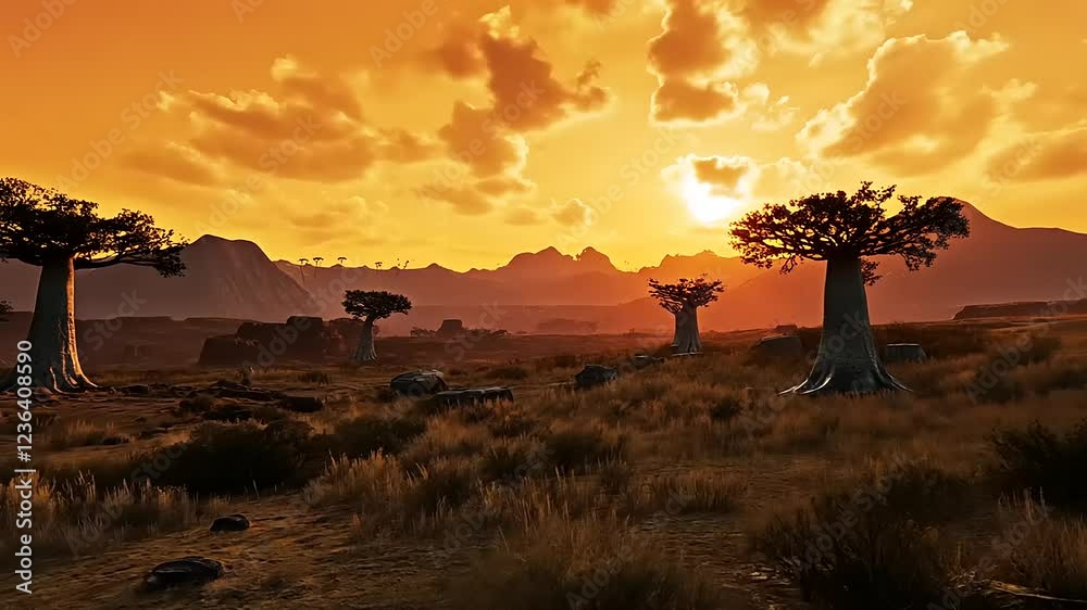 Sunset over a savanna landscape with baobab trees