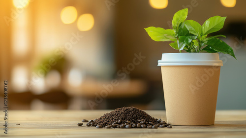 close up shot of compostable coffee cup with green plant, showcasing sustainability and eco friendliness