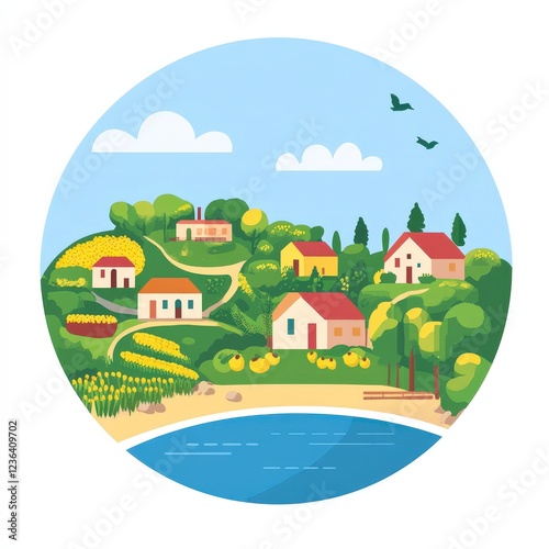 Wallpaper Mural Vibrant Countryside Landscape with Houses and Calm Water View Torontodigital.ca