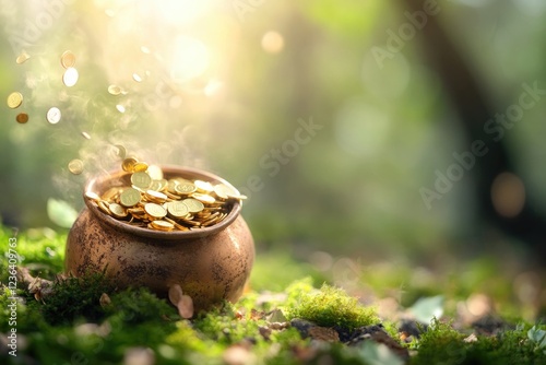Enchanted gold pot with coins spilling in a mystical forest setting