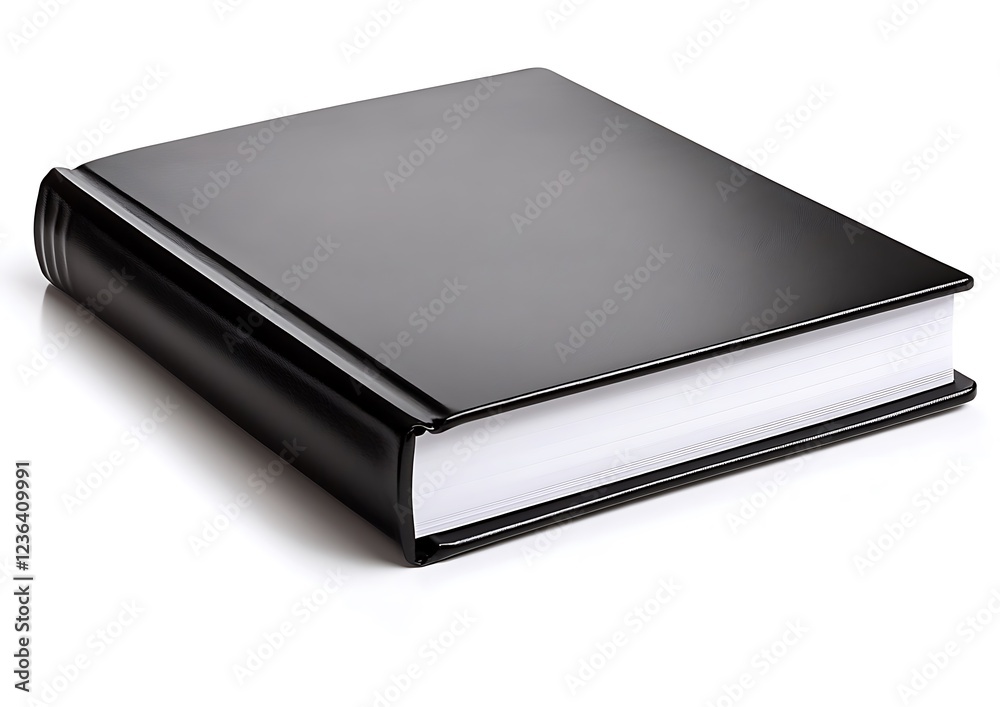 Black hardcover book resting on a white surface, ideal for publishing Black hardcover book resting on a white surface, ideal for publishing