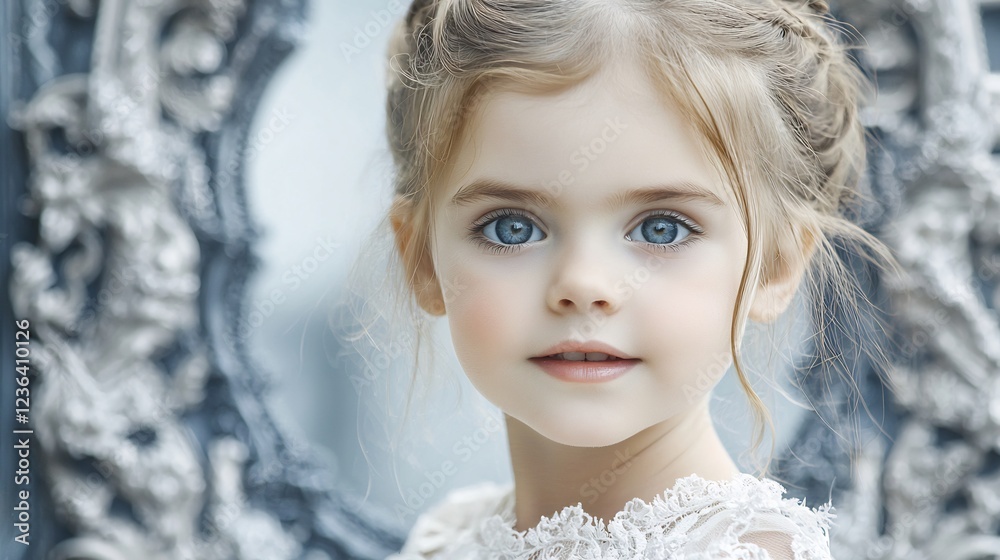 Portrait of a young girl in an elegant dress, framed by an ornate mirror, with soft lighting Portrait of a young girl in an elegant dress, framed by an ornate mirror, with soft lighting