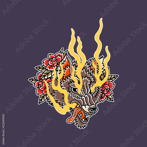 Fire Wolf Illustration In Traditional Tattoo Style photo