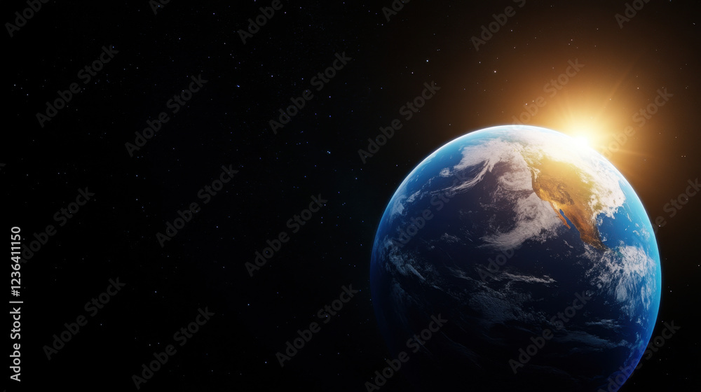 Fototapeta premium stunning view of Earth from space, showcasing planet curvature and sun rising on horizon, illuminating atmosphere with warm glow