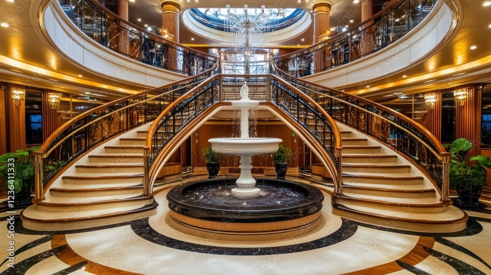 Obraz premium Grand Staircase and Fountain in Luxurious Cruise Ship Interior