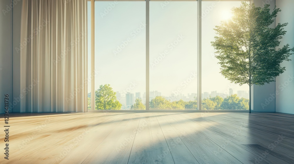 Fototapeta premium Bright and Airy Room Featuring a Large Window Allowing Natural Light to Pour In with a Lush Green Tree Providing a Touch of Nature and Tranquility
