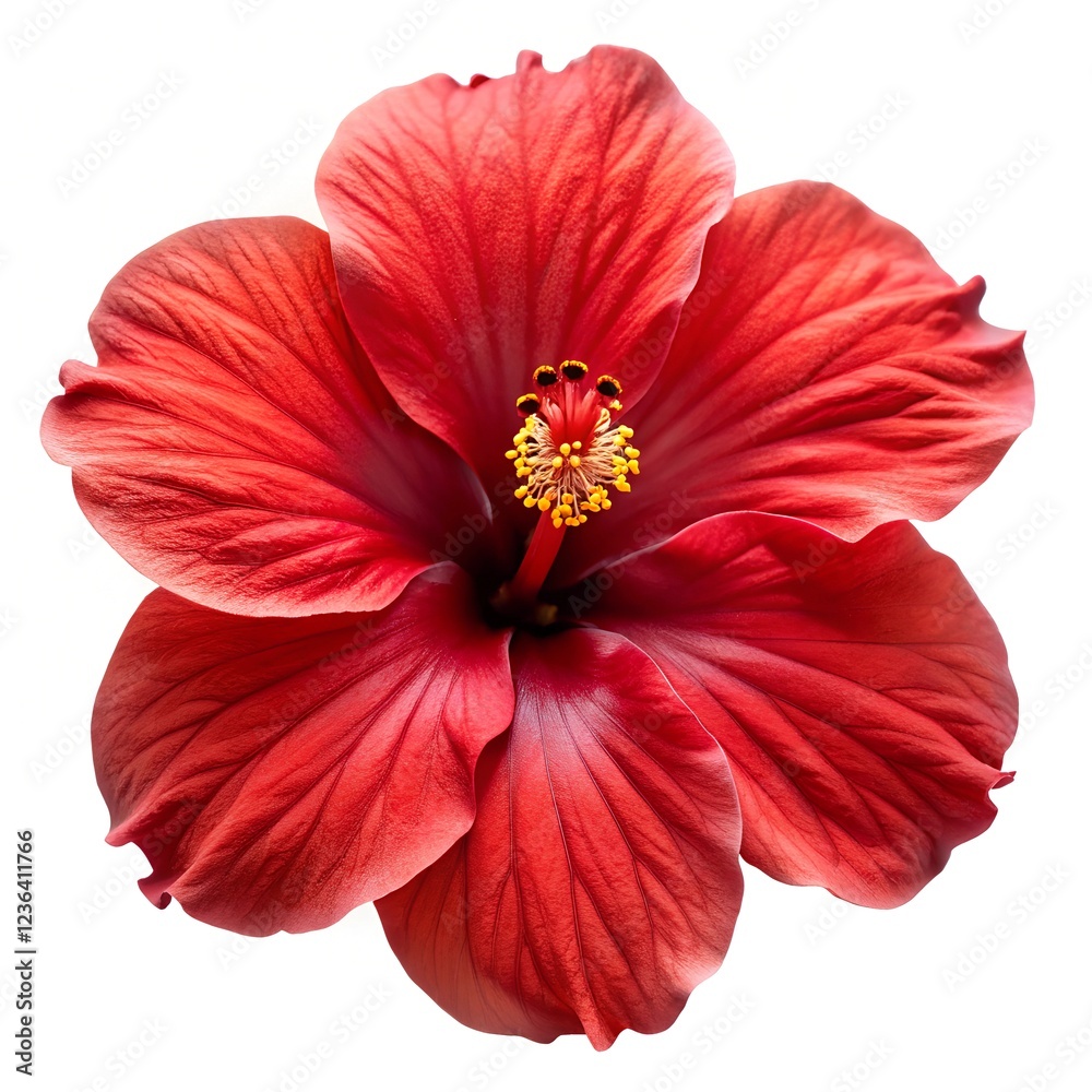 A hibiscus flower (Hibiscus rosa-sinensis) is isolated on a pure white background. Focus on the large, vibrant red petals with a prominent stamen