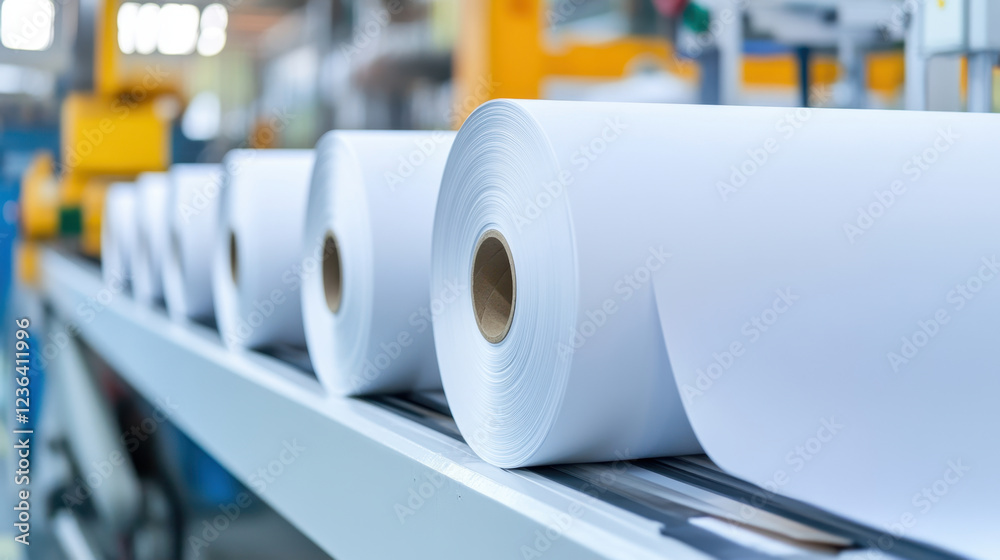 High quality rolls of white paper on production line in printing factory, showcasing advanced paper and printing industry High quality rolls of white paper on production line in printing factory, showcasing advanced paper and printing industry