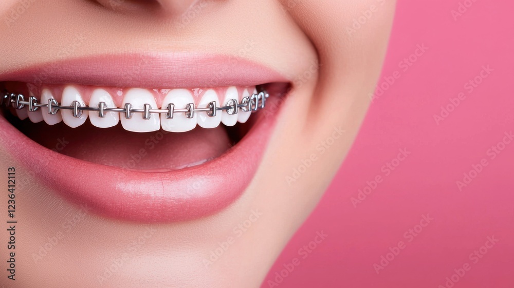 Obraz premium Bright smiles with braces dental office photography cheerful environment close-up view oral health awareness