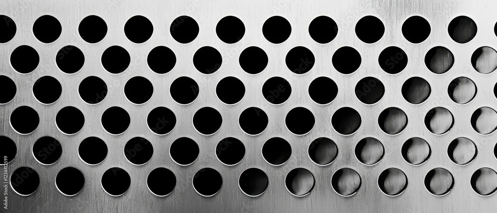 Black and white perforated metal surface with bold circular cutouts and contrast. Black and white perforated metal surface with bold circular cutouts and contrast.