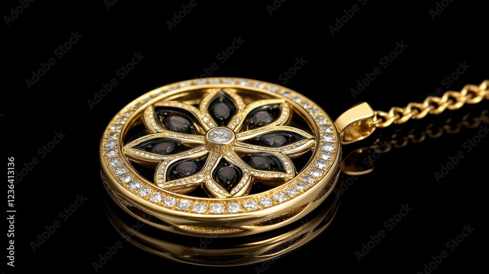 A luxurious gold pendant with a floral design set against a sparkling black background, aerial perspective. A luxurious gold pendant with a floral design set against a sparkling black background, aerial perspective.