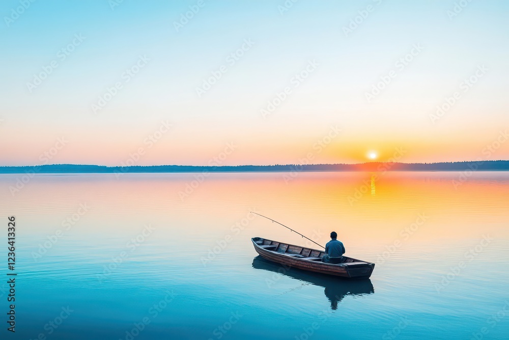 Obraz premium A Tranquil Scene of a Man in a Boat Gliding Across Calm Waters at Sunset Surrounded by Vibrant Colors of the Dusk Sky Reflecting on the Water
