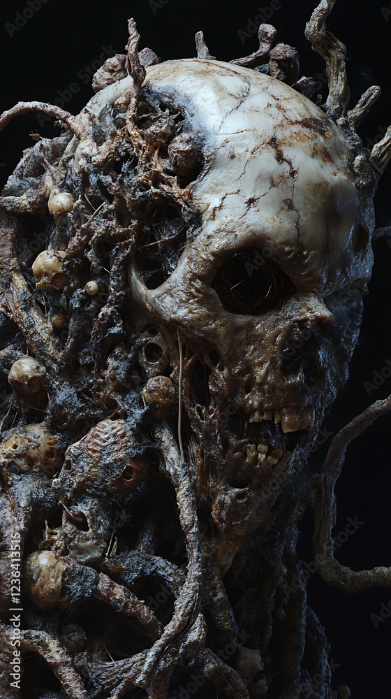 A grotesque figure with a skull, entwined in roots and organic matter, evoking horror. A grotesque figure with a skull, entwined in roots and organic matter, evoking horror.