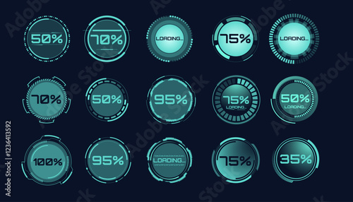 Futuristic virtual graphical touch user interface, mega set of futuristic HUD elements. Set of round elements. Charge level.