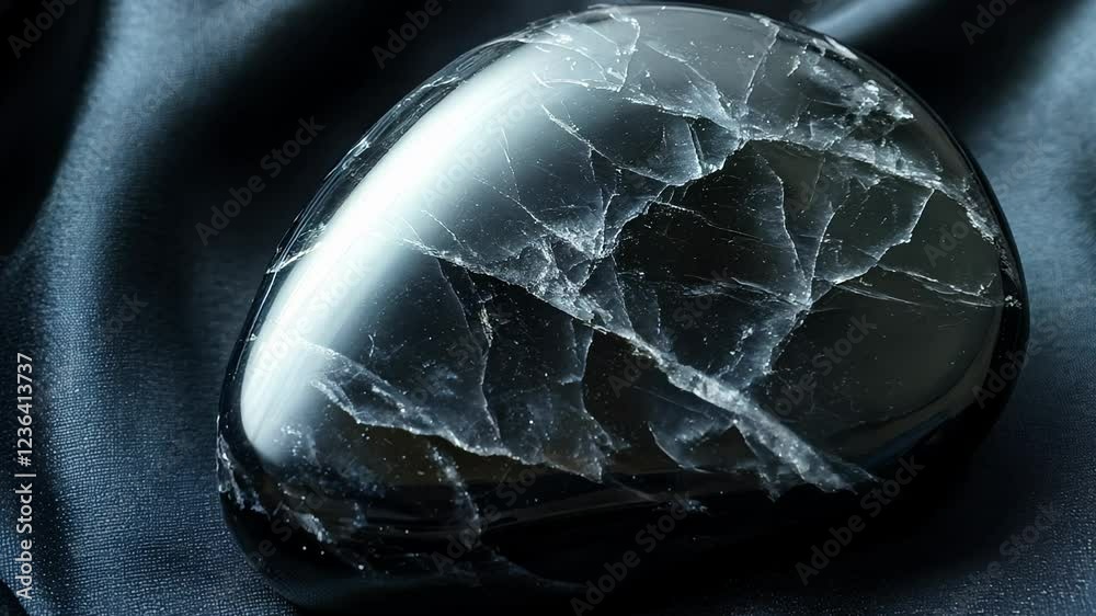 Close-up view of two black onyx gems resting on dark fabric.  The stones show intricate veining and texture. Dramatic lighting enhances their depth