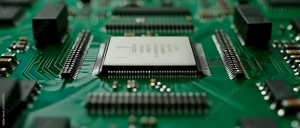 Close-up of a computer circuit board showcasing intricate details and components Close-up of a computer circuit board showcasing intricate details and components