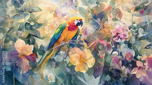 Parrot perched on branch amidst vibrant tropical flowers; idyllic garden scene; nature artwork for print, cards, decor