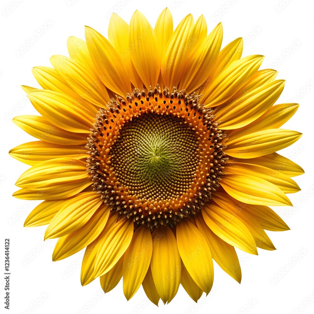Sunflower isolated on a pure white background. the large, vibrant yellow petals and the detailed brown centre with visible seeds Sunflower isolated on a pure white background. the large, vibrant yellow petals and the detailed brown centre with visible seeds