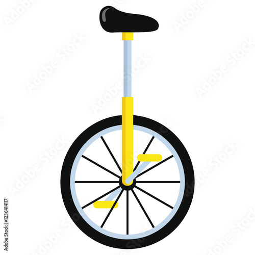 Yellow unicycle with black seat and wheel pedals, suitable for circus themes, fun events, recreational activities, and transportation concepts.