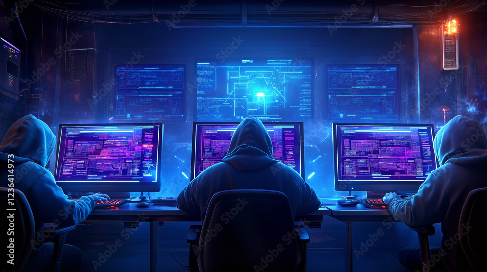 In a dimly lit workspace, three people work intently on coding and cybersecurity activities, illuminated by colorful displays of code on their computer monitors In a dimly lit workspace, three people work intently on coding and cybersecurity activities, illuminated by colorful displays of code on their computer monitors