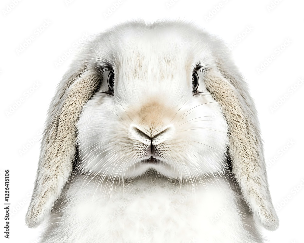 Close-up of a fluffy white rabbit with long ears against a plain background Close-up of a fluffy white rabbit with long ears against a plain background