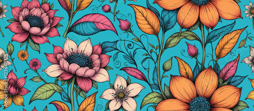 Pattern. Colorful Floral Pattern with Sunflowers and Lotus Flowers