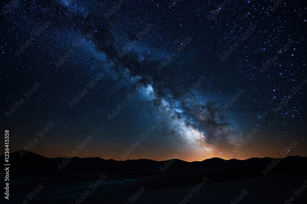 Stunning view of the Milky Way galaxy over a serene desert landscape at night Stunning view of the Milky Way galaxy over a serene desert landscape at night