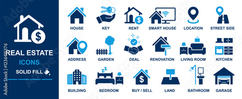 real estate icon set including key, rent, smart house, house, living room, location, garden, deal, renovation, living room, kitchen, building, buy, sell, land, bathroom, garage. two color solid fill