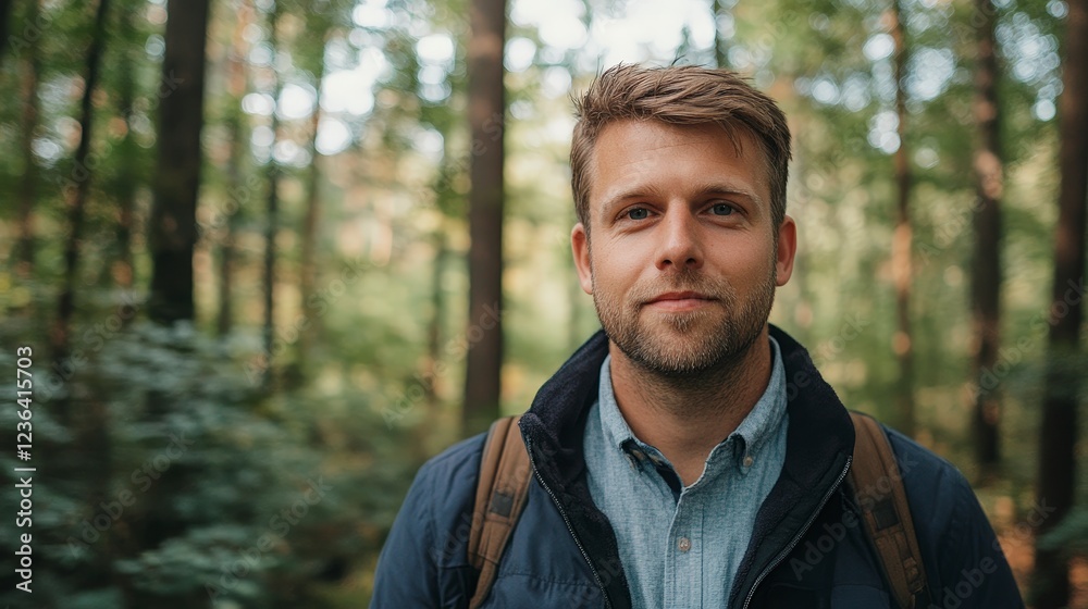 Young Man Smiling in a Forest Surrounded by Lush Green Trees Young Man Smiling in a Forest Surrounded by Lush Green Trees