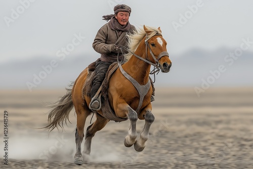 Skilled horseman rides swiftly across the vast empty landscape under a cloudy sky in Mongolia