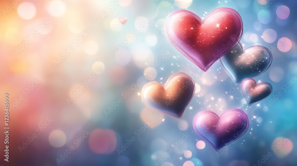 Colorful glossy hearts float on a bokeh background. Colorful glossy hearts float on a bokeh background.