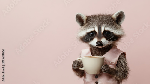 mischievous raccoon wearing pink vest holds cup, exuding charm and curiosity. This adorable creature captures attention with its playful demeanor and expressive eyes