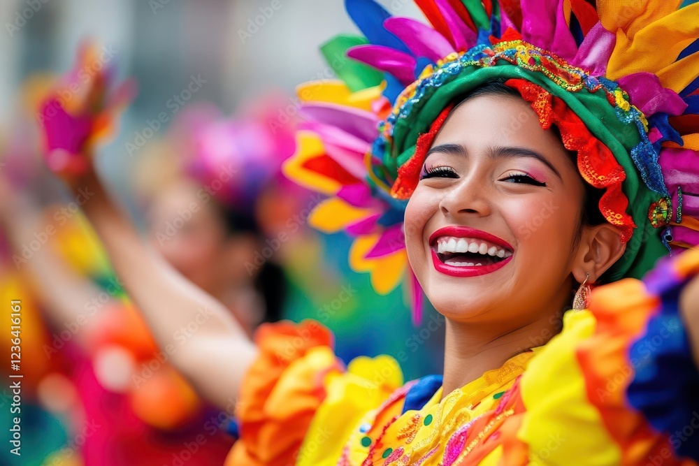 Fototapeta premium Joyful Woman in Colorful Dress and Headdress Dancing with Happiness in a Vibrant Celebration of Culture and Tradition Capturing the Essence of Life