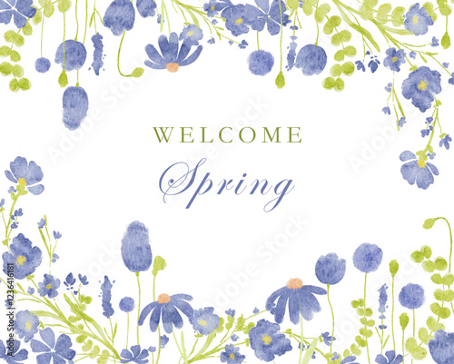 Colorful spring background with purple blue watercolor flowers