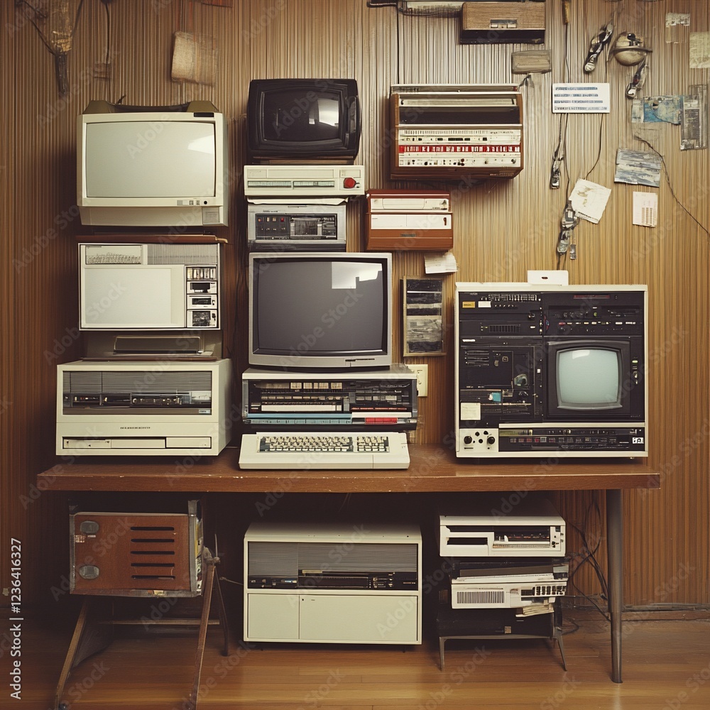 Fototapeta premium A vintage collection of retro electronics stacked on a wooden table and wall in a room